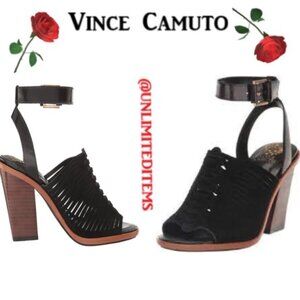 Vince Camuto Woman's Frenela Black Suede Woven Block Heel Shoes NWT